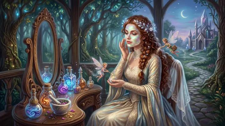 A woman in a medieval gown with glowing face mask and two tiny fairies sprinkling magical potion near a dressing table with glowing bottles in an enchanted forest.